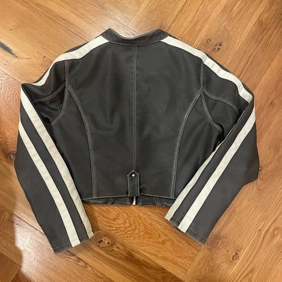 Urban Outfitters Charcoal Distressed Moto Jacket with White Stripes and Piping - Picture 4 of 4